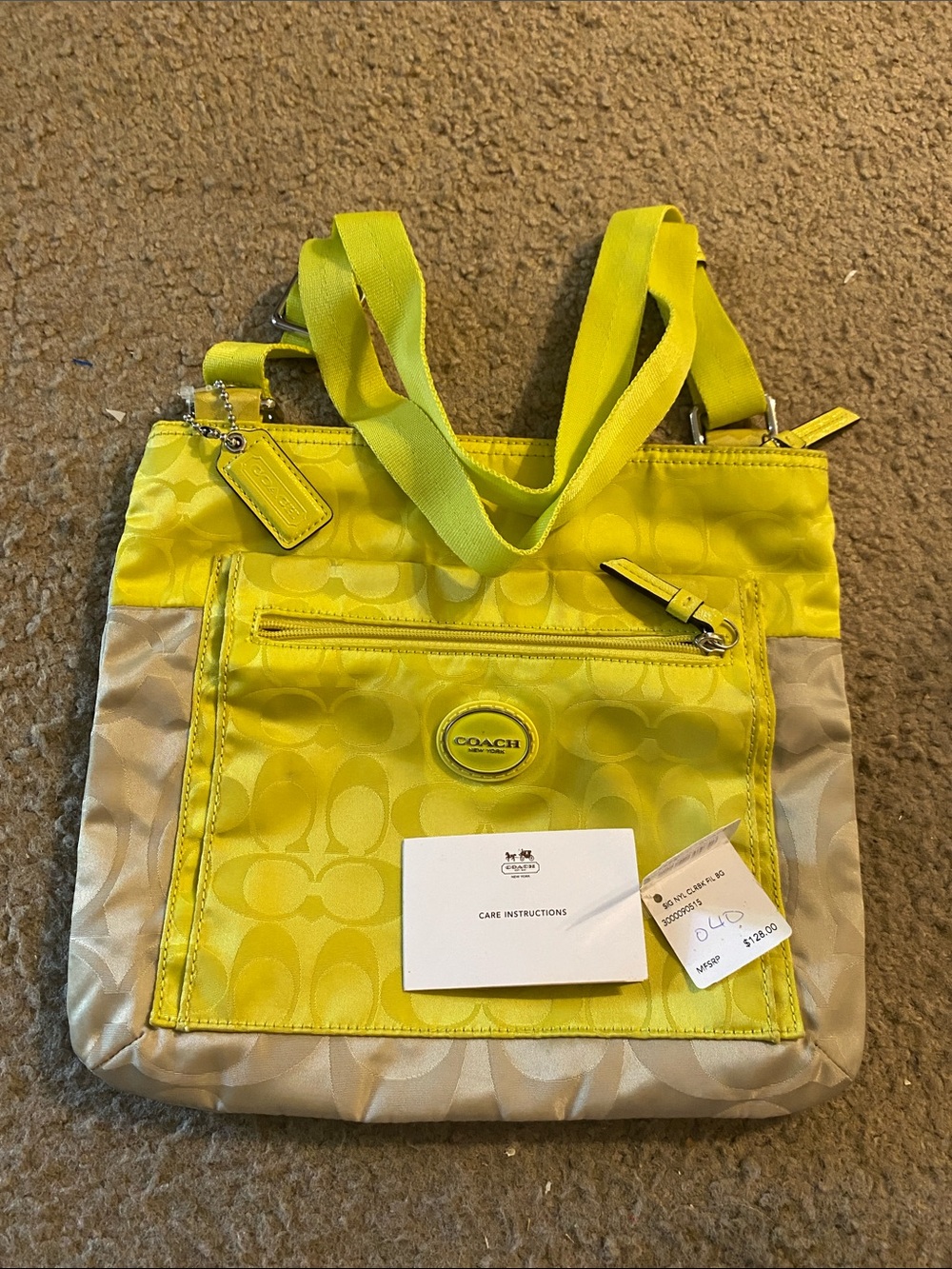 Coach Citrine and Beige Signature Nylon Tote with Front Zip Pocket